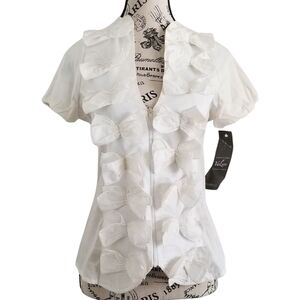 White top with puffer sleeves, corset back and 2 rows of bows at the fro…